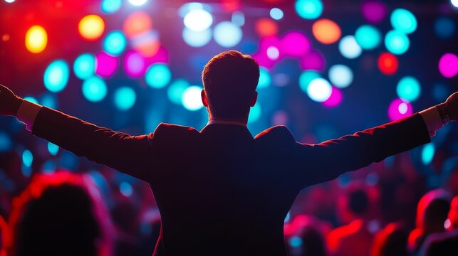 Silhouette of man embracing colorful lights.