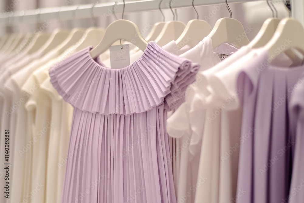 Poster a display of elegantly designed dresses in soft colors hanging on hangers.