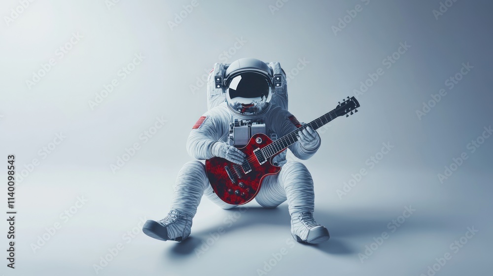 Poster an astronaut sitting and playing a red guitar in a minimalist space setting.