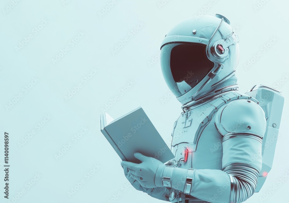 Aufkleber an astronaut reading a book against a light background, blending science with leisure.