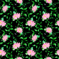 Bouquet of pink flowers framed by green leaves on seamless pattern. Watercolor digital illustration. Graceful branches intertwine around lily and gypsophila isolated on dark background.