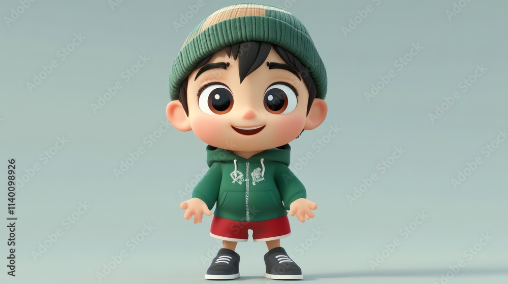 Poster a cheerful animated boy in casual attire, designed for a playful and friendly aesthetic.