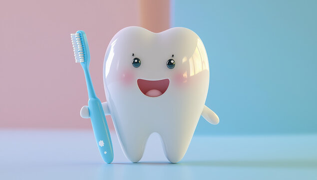 Adorable diente 3d de dibujos animados sonriendo, sosteniendo un cepillo azul sobre fondo rosa y azul pastel. Concepto salud y limpieza bucal infantil
