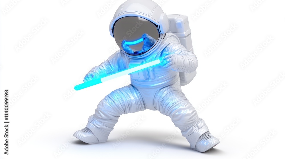 Poster a playful astronaut figure wielding a glowing blue lightsaber in a dynamic pose.