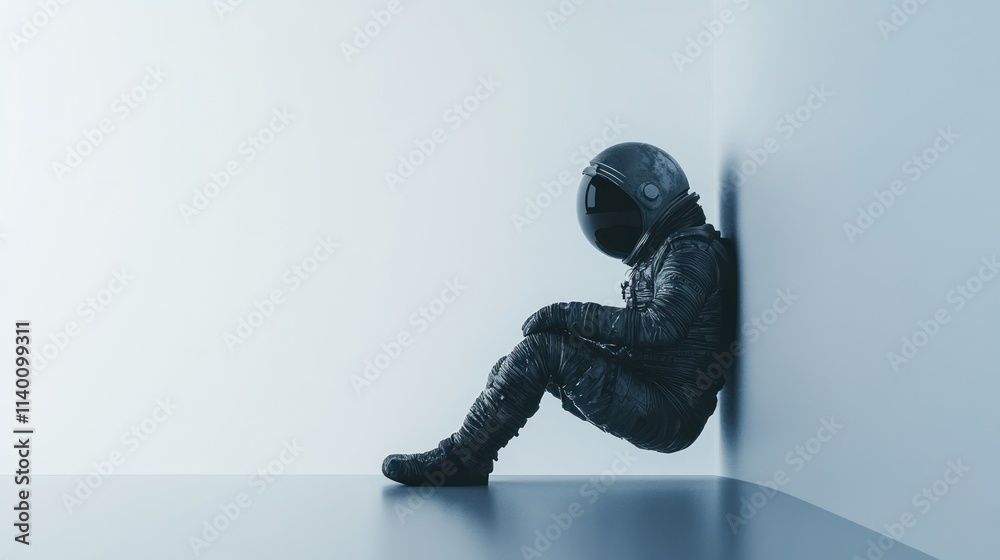 Poster an astronaut sits in a corner, evoking feelings of isolation and contemplation.