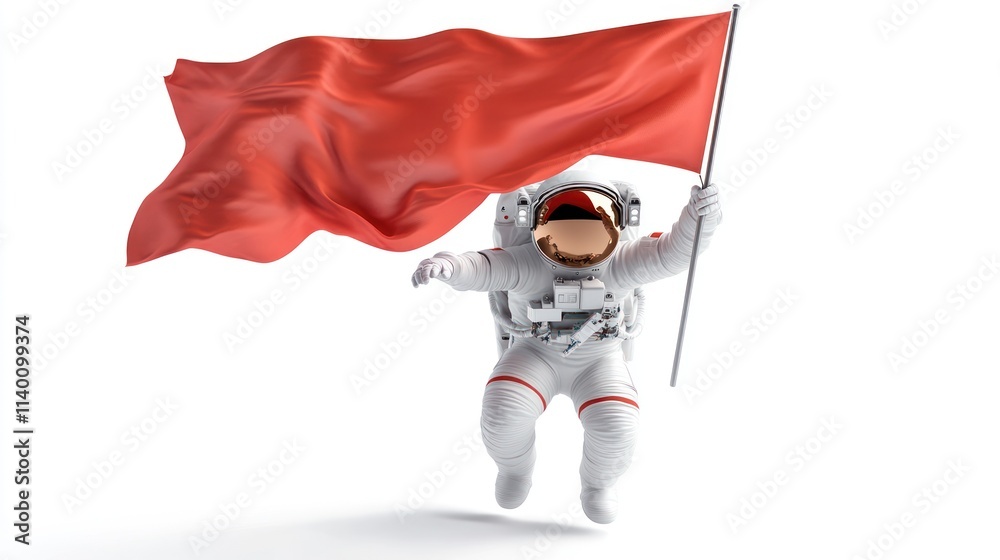 Fototapete an astronaut in a spacesuit joyfully waves a red flag in a white background.