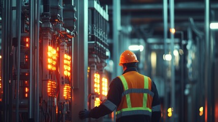 Obraz premium Worker maintains electrical equipment in a dimly lit industrial facility at night