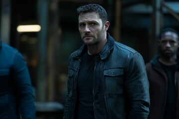 Man in dark jacket, serious expression, blurry background.