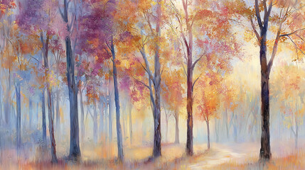 Autumn Forest Painting with Golden Leaves and Warm Sunlight