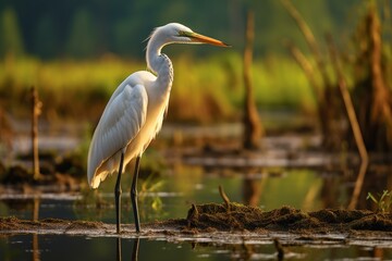 Great egret standing in calm water with golden sunset light reflecting on feathers