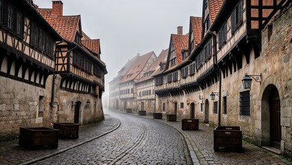 Fototapeta premium A misty morning in an old European medieval town, with a narrow, winding cobblestone street stretching between tall