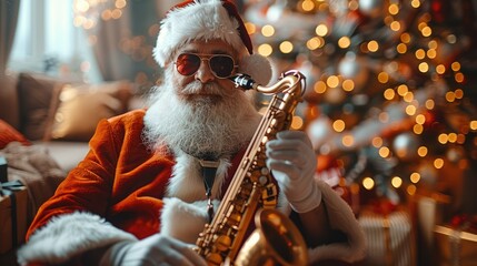 Obraz premium A festive Santa Claus playing a saxophone in a cozy, decorated living room.