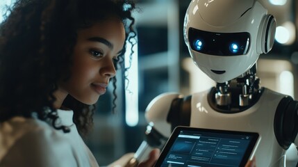 Young woman interacts with humanoid robot in a futuristic tech environment showcasing advanced AI capabilities