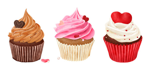 Sweet cupcakes with cream cap and heart decoration in a set. Watercolor digital illustration. Delicious pastry, cake and romantic dessert, isolated on white background. For wedding, Valentine's Day
