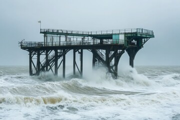 Obraz premium Dramatic Seascape with Stormy Waves Crashing Against Abandoned Pier Surrounded by Overcast Sky and Moody Atmosphere for Atmospheric and Nature Photography Projects