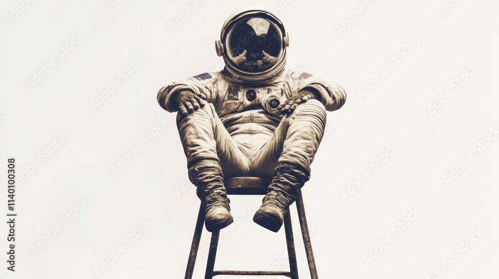 Aufkleber an astronaut sitting casually on a stool, blending space exploration with a relaxed vibe.