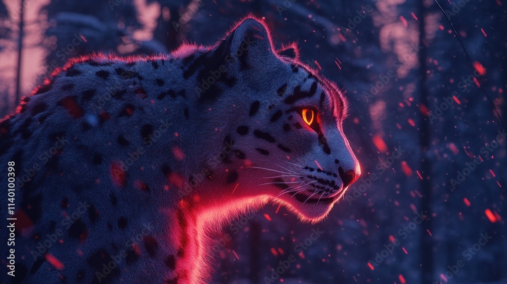 Poster A majestic snow leopard illuminated by a mystical glow in a snowy forest setting.