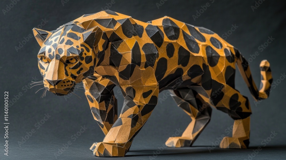 Poster a detailed origami sculpture of a jaguar, showcasing intricate patterns and textures.