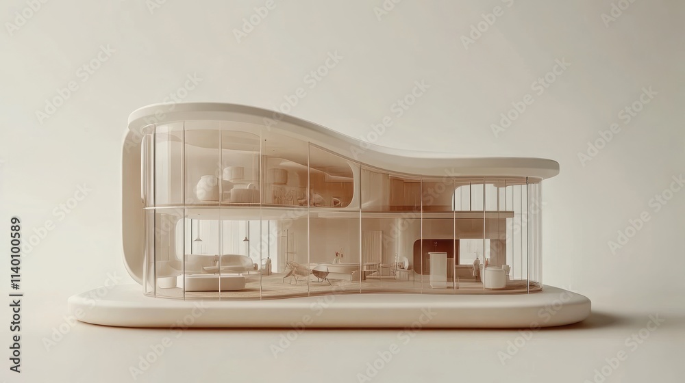 Poster a modern architectural model showcasing a sleek, minimalist design with transparent elements.