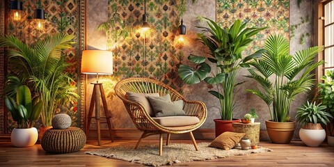 Relaxing Tropical Living Room Retreat with Wicker Chair