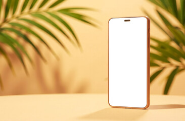mockup of smartphone display in brown case against shadow of palm leaves on brown background