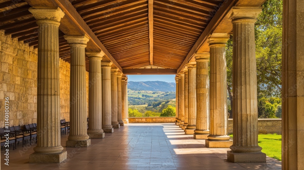 Poster A serene colonnade with a view of rolling hills and greenery.