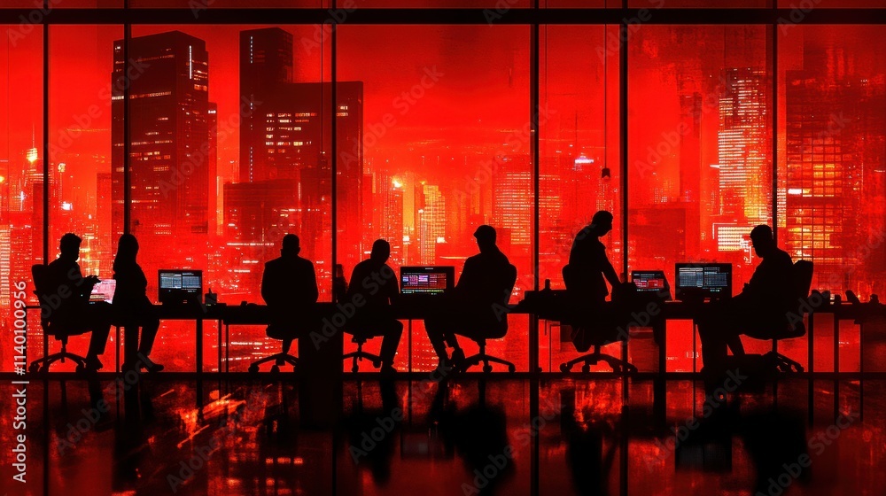 Poster a silhouetted meeting in a high-tech environment with a red cityscape backdrop.