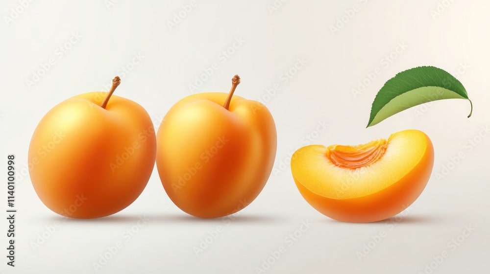 Poster Two whole apricots and a sliced apricot with a leaf on a light background.