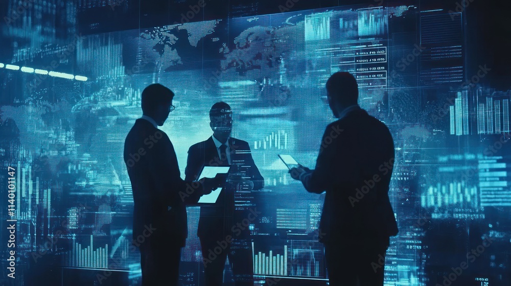 Poster Business professionals discussing data in front of a digital interface with graphs and maps.