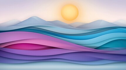 Abstract Wavy Landscape  Sunset  Paper Cut Style  Pastel Colors  Mountains  Ocean  Waves