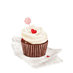 Chocolate cupcake with buttercream and heart on napkin. Watercolor digital illustration. Sweet candy on a stick stuck in cream, isolated on white background. For wedding, Valentine's Day