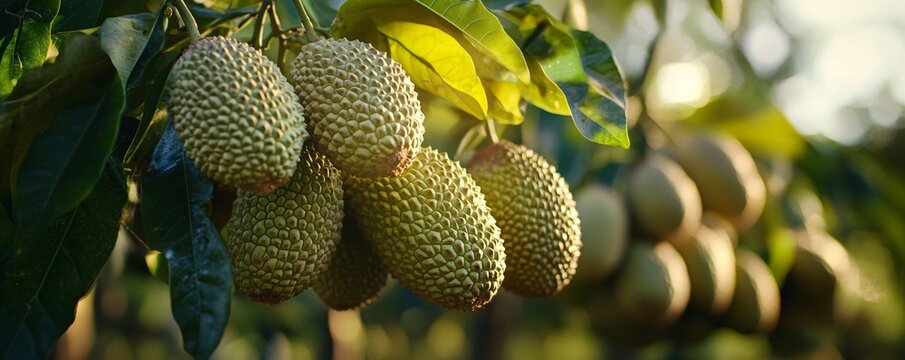 Ripe marang fruit hanging from tree branch in tropical orchard