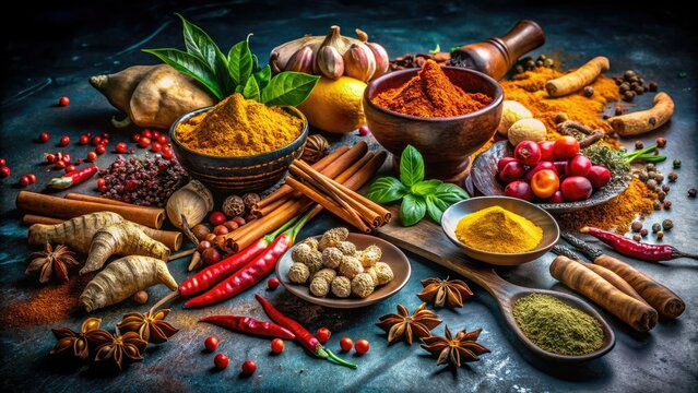 Aromatic Indonesian herbs and roots: Jahe, ketumbar, lengkuas, pala, cengkeh, kayu manis, kunyit, kemiri, kencur.