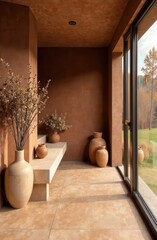 Interior of a room in a house color mocha mousse. Trend color of 2025