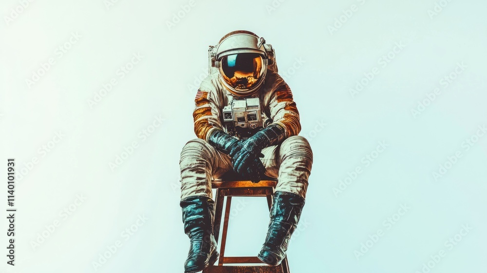 Poster an astronaut seated on a stool, embodying themes of exploration and solitude.