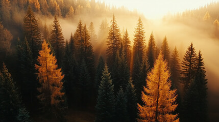Aerial View of Autumn Forest at Sunset with Fog