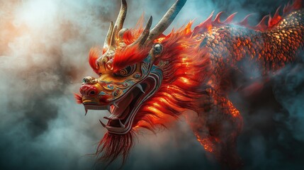 Mystical Red Dragon Amidst Fiery Smoke in Folklore Imagery