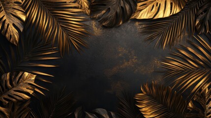 Golden Tropical Leaves Frame Dark Background