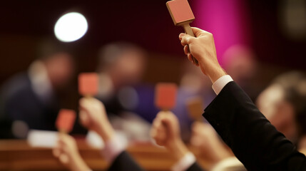 Auction house filled with enthusiastic bidders raising paddles in competitive bidding environment, showcasing the excitement and dynamics of auction culture