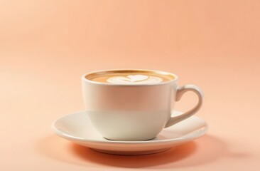 Pink latte cup sits on saucer against soft coral background.