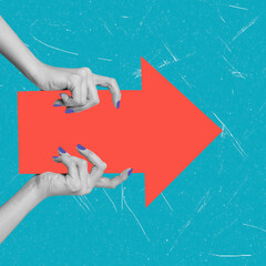 Modern art collage of a hand pointing with a red arrow on a blue background.