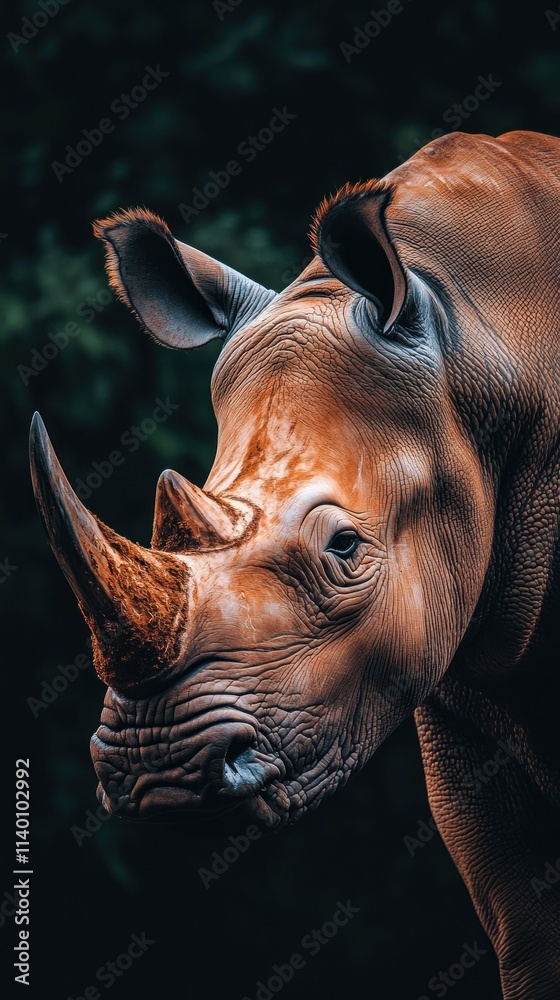 Poster a close-up of a rhinoceros showcasing its distinct features and texture.