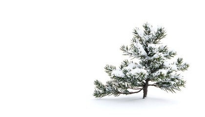 Obraz premium A small snow-covered pine tree stands alone against a white background.