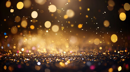 A shimmering background of golden glitter and bokeh lights.