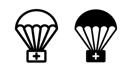 Parachute with first aid kit Icons. black and white vector illustration set.