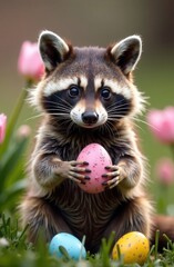 Obraz premium Cute raccoon holding easter pink egg among colorful spring flowers in grassy field