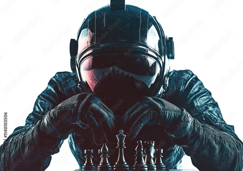Poster a figure in a helmet plays chess, emphasizing strategy and focus.