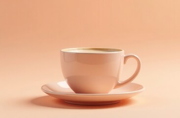 Pink latte cup sits on saucer against soft coral background.