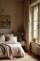 Room Design bed and pillows color mocha mousse. Sunlight penetrates inside, creating a warm and cozy atmosphere 