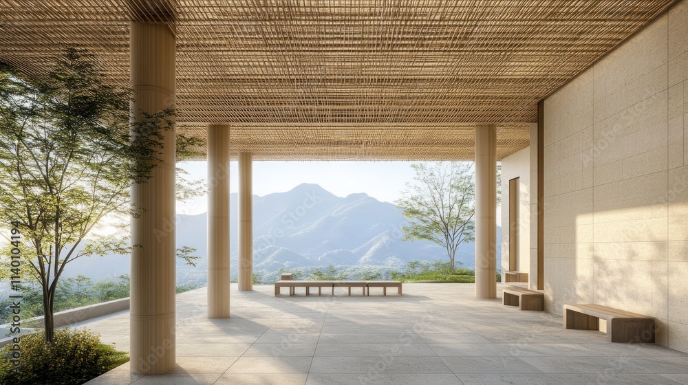 Poster a serene architectural space with a view of mountains, promoting relaxation and contemplation.
